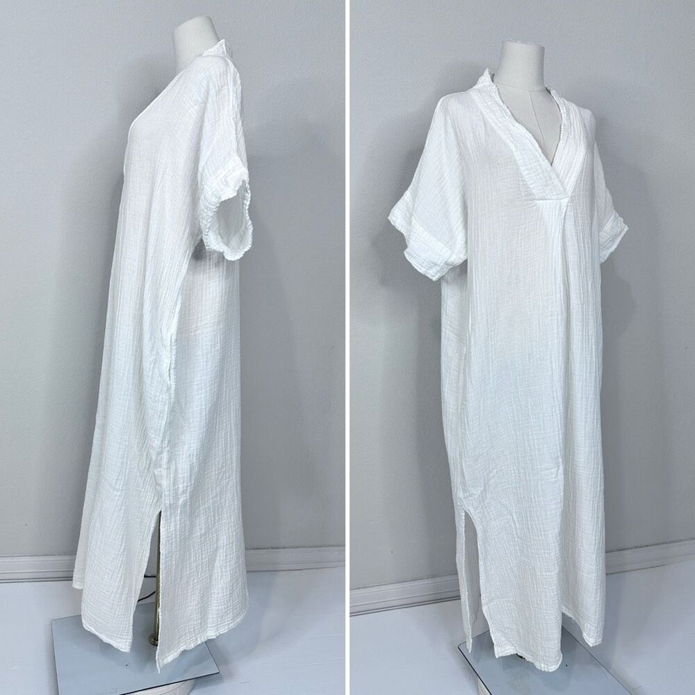 Honest Cotton White Double Gauze Maxi Caftan Dress One Size Resort Vacation - Picture 4 of 13